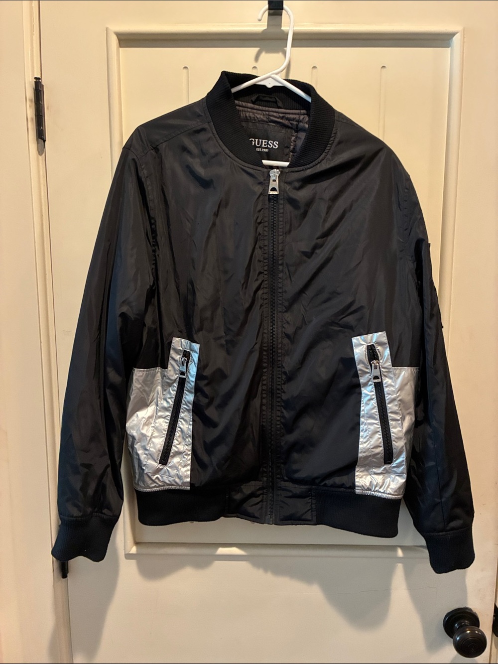 GUESS Black Bomber Jacket with Silver Pocket Panels